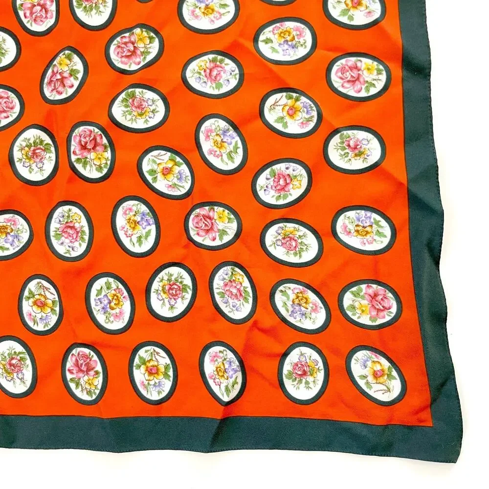 Vintage Square Scarf Orange Green Retro Cameo Floral Medallion Print Old Money